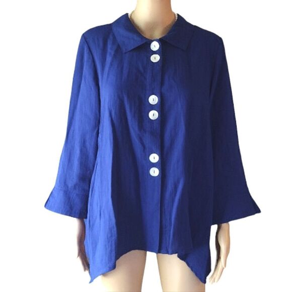 Fridaze Women's Size Small Solid Royal Blue 100% Linen Button up Blouse Top - Picture 1 of 10